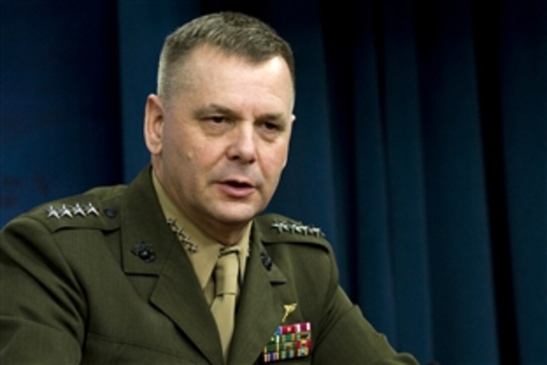 Vice Chairman of the Joint Chiefs of Staff U.S. Marine Gen. James E. Cartwright answers a question at a press conference with Defense Secretary Robert M. Gates at the Pentagon, Feb. 10, 2009.