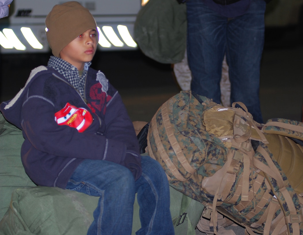 CAMP PENDLETON, Calif. (Feb. 11, 2009) -- Adrian Garcia a 6-year-old Oceanside, Calif. native waits patiently in the cold to see his father Sgt. Garrett Jeske, a counter itelligence specialist, during the I MEF (Fwd) homecoming ceremony here.  I MEF (Fwd) returned from a year-long deployment in Al Anbar province, Iraq supporting Operation Iraqi Freedom.