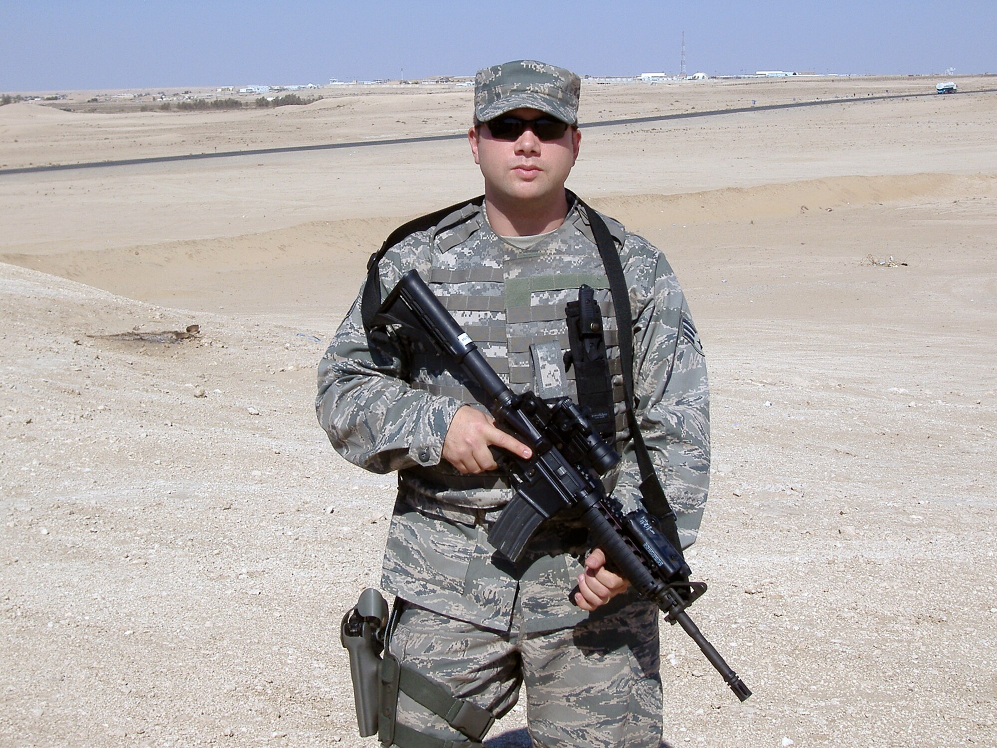 SOUTHWEST ASIA -- Senior Airman Joshua Hoshauer, 386th Expeditionary Security Forces Squadron is deployed from the 421st Combat Training Squadron at Fort Dix, N.J. This is Airman Hoshauer's second deployment. (U.S. Air Force courtesy photo)