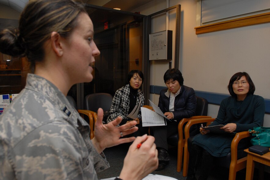 Captain Jennifer Cowie, 8th Medical Group, teaches English to the medical staff of Jesus hospital at the 8th MDG clinic at Kunsan Air Base, Republic of Korea, Feb. 12, 2009. The 8th MDG recently signed a Memorandum of Understanding with Jesus hospital in Jeonju, ROK, to take Wolf Pack members there for care. (US Air Force Photo By Senior Airman Angela Ruiz)
 