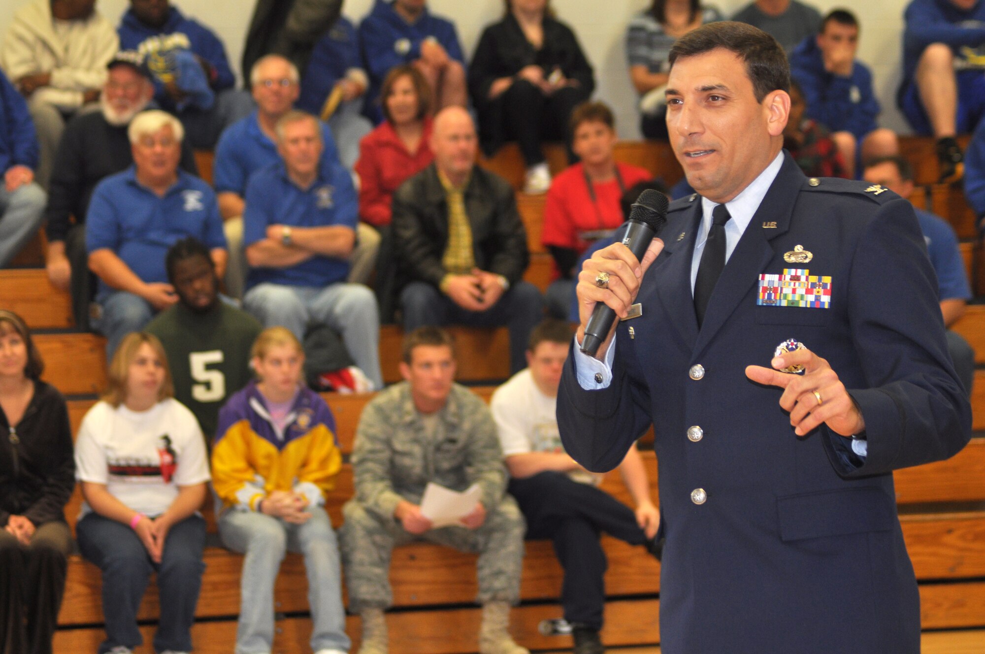 Col. Rick LoCastro, 96th Air Base Wing vice commander, speaks for the opening ceremony of the 2009 Northwest Sectional basketball tournament opening ceremony Feb. 5 here. More than 125 athletes on 17 teams from seven counties throughout Northwest Florida participated in the event. (U.S. Air Force photo/ Airman Anthony Jennings)