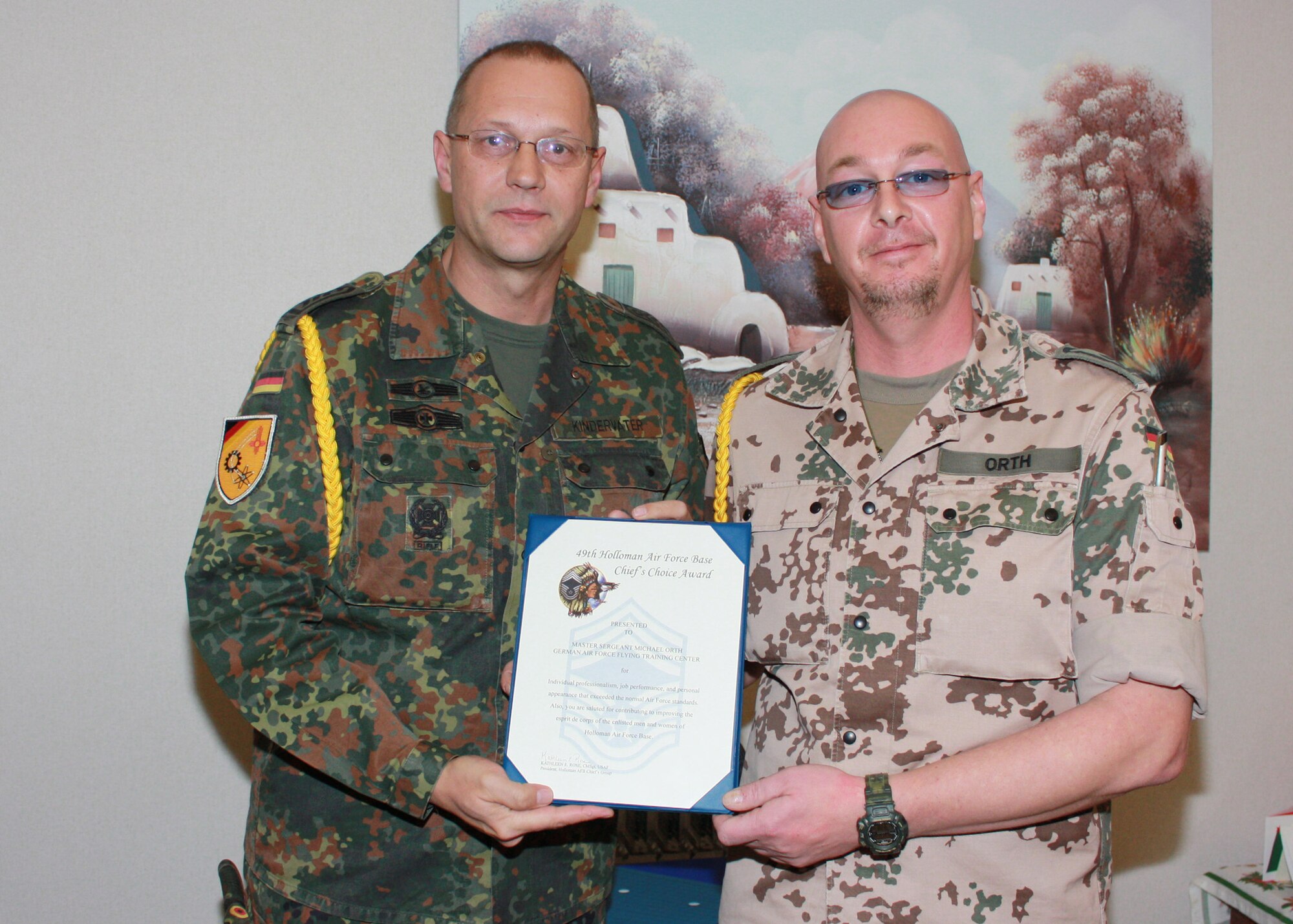 Chosen by Chief Master Sgt. Wolfram Kindervater, Master Sgt. Michael Orth from the German Air Force Flying Training Center, was the recipient of the December 2008 Chief's Choice Award.  He is the Information Technology Security Sergeant and has been the Acting First Sergeant for the Training Center.  He is recognized for his outstanding efforts in expertly balancing his daily duties and the additional duty of First Sergeant during a busy deployment time for his unit.  Sergeant Orth came to Holloman Air Force Base, N.M., in October 2006 from his hometown of Neustadt a.d.Wstr (close to Kaiserslautern). He is inspired in life by his grandfather and gives credit for his work inspiration to his First Sergeant in Basic Training.  Michael is well on his way to achieving his goal of becoming a chief master sergeant and a full time First Sergeant.  He is actively involved in traveling the United States and motorcycling both on and off road.  His responses to receiving this award range from overwhelmed to surprise to extreme honor.  Inspired by life he continues to live by his personal motto of "Carpe Diem" meaning live each day to its fullest, it could be your last. (Photo provided)