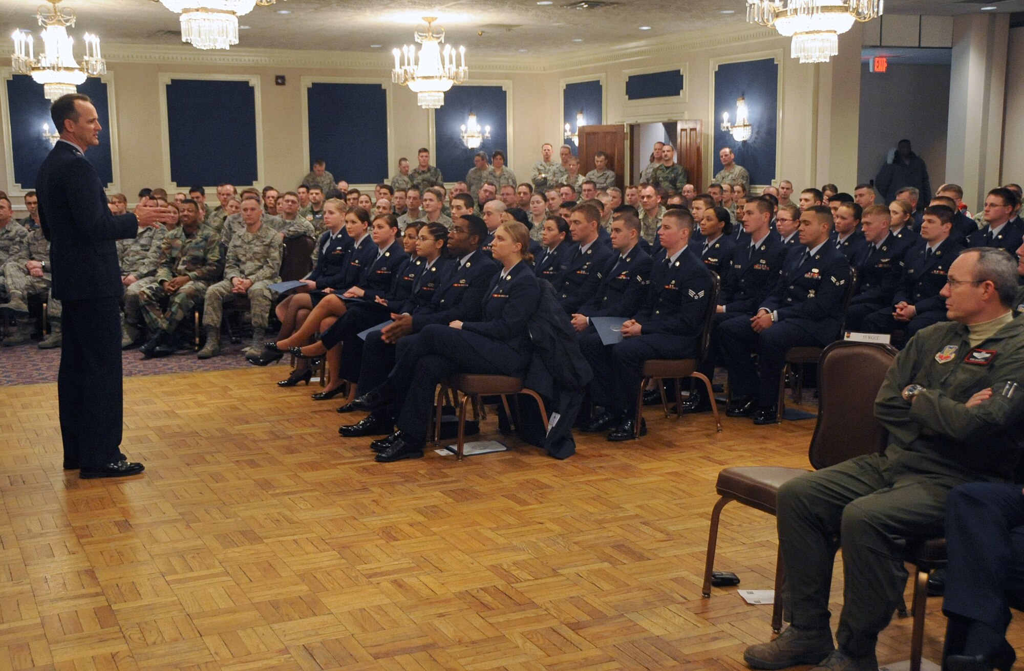 OFFUTT AIR FORCE BASE, Neb.-- Brig Gen James Jones, 55th Wing commander, gives words of encouragement to Offutt's newest promotees. More than 100 Airman were promoted to their next grade during a ceremony at the Patriot Club Jan. 30. U.S. Air Force Photo by Jeff Gates