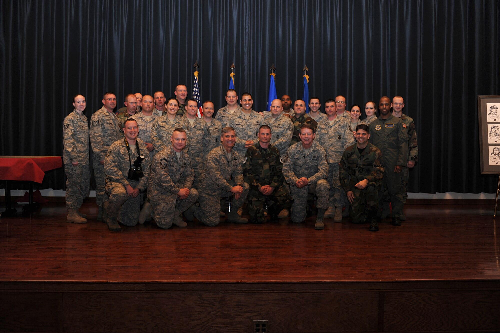 Members of the 421st Combat Training Squadron pose for a picture with Tech. Sgt. Jonathan Tourville, 421st CTS assistant NCO in charge of the Advanced Contingency Skills Training Course, Maj. Gen. Kip Self, U.S. Air Force Expeditionary Center commander, and Chief Master Sgt. of the Air Force Rodney McKinley during Chief McKinley’s visit to the Expeditionary Center at Fort Dix, N.J., Feb. 10, 2009.  Sergeant Tourville was promoted to technical sergeant through the Stripes for Exceptional Performers Program by General Self.  (U.S. Air Force Photo/Staff Sgt. Nathan Bevier)