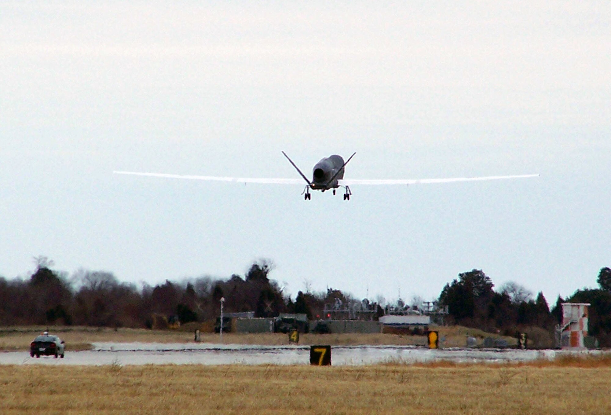 The U.S. Navy's first operational Global Hawk unmanned aircraft takes off from Naval Air Station Patuxent River, Md., on its flight to an airbase in Southwest Asia.  The Global Hawk is part of the new Broad Area Maritime Surveillance program. (Courtesy Photo) 