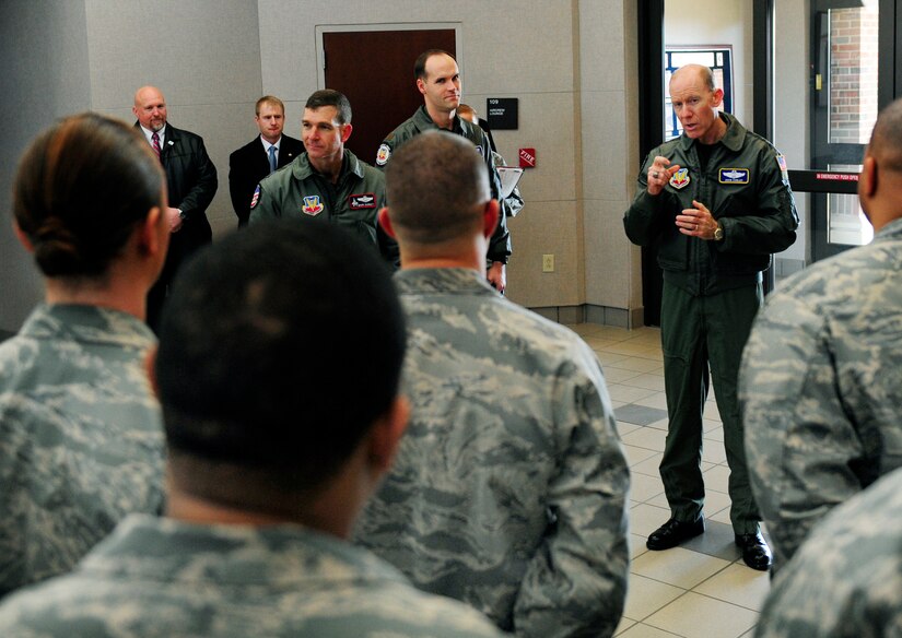 LANGLEY AIR FORCE BASE, Va. --  Gen. John D.W. Corley, commander of Air Combat Command congratulates Airmen on a job well done after assisting Vice President Joe Biden here Feb. 6. The vice president stopped by Langley on his way to a conference in Williamsburg, Va. (U.S. Air Force photo/Senior Airman Vernon Young)