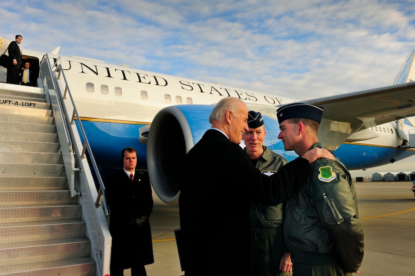 LANGLEY AIR FORCE BASE, Va. --  Vice President Joe Biden speaks with Air Combat Command commander Gen. John D.W. Corley and 1st Fighter Wing commander Brig. Gen Mark A. Barrett before departing here Feb 6.  The Vice President stopped by Langley on his way to a conference in Williamsburg, Va. (U.S. Air Force photo/Senior Airman Vernon Young)