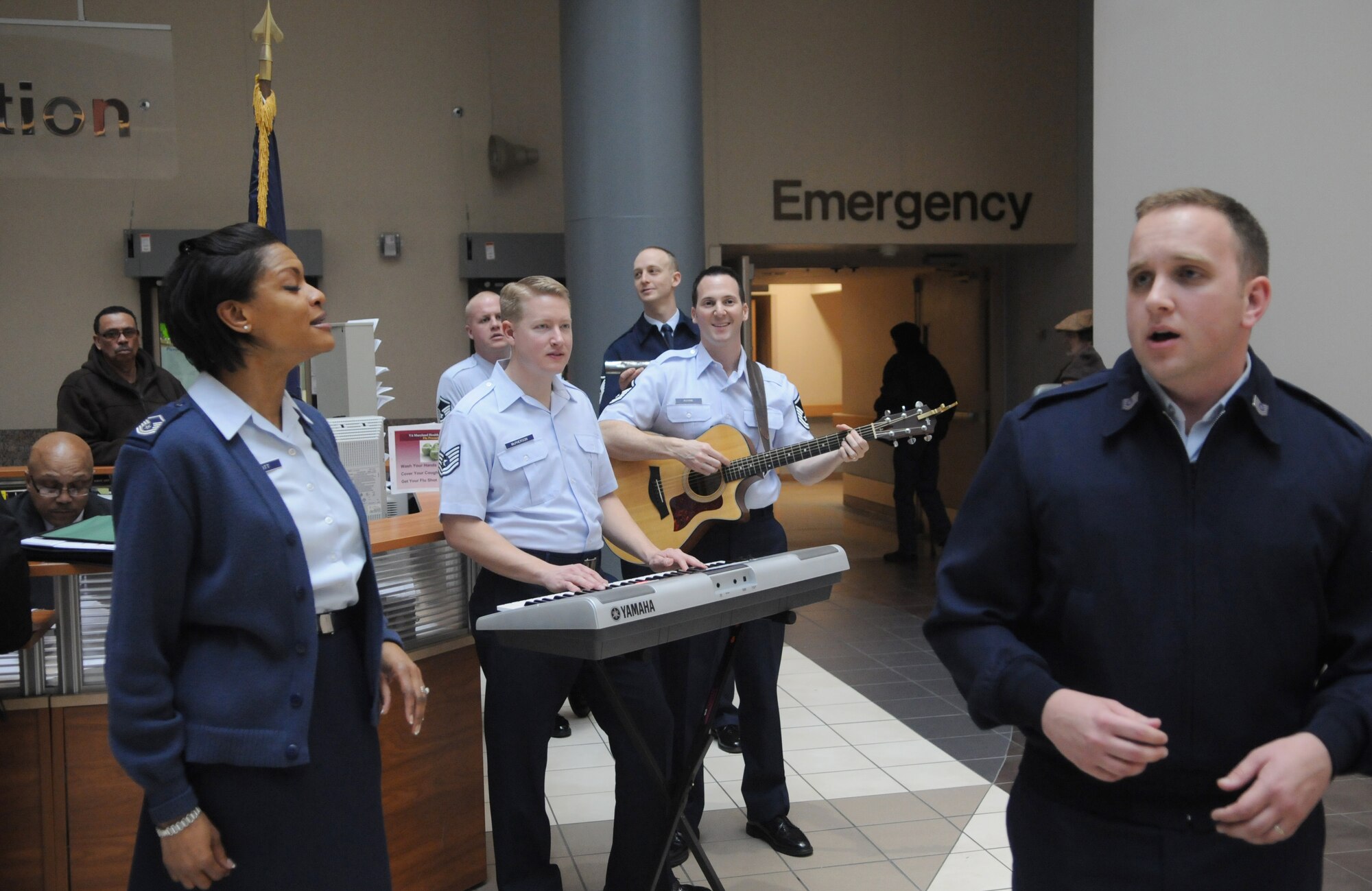 The United States Air Force Band’s Max Impact performs for patients and staff members Feb. 9 at the Baltimore Veterans Affairs Medical Center. In addition to the Band, More than 35 Bolling and Pentagon Airmen visited the hospital to spend time with the patients, and hand out T-shirts and Valentine’s Day cards. (U.S. Air Force photo by Senior Airman R. Michael Longoria)