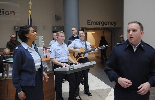 The United States Air Force Band’s Max Impact performs for patients and staff members Feb. 9 at the Baltimore Veterans Affairs Medical Center. In addition to the Band, more than 35 Airmen from Bolling and the Pentagon visited the hospital to spend time with the patients, hand out T-shirts and Valentine’s Day cards. (U.S. Air Force photo by Senior Airman R. Michael Longoria) 


