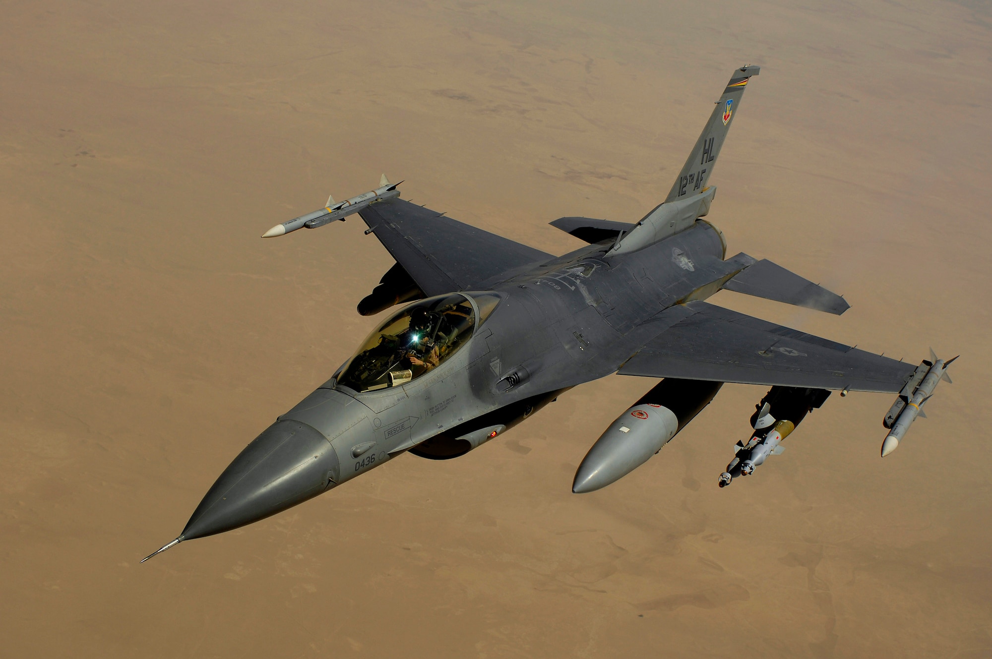 An F-16 Fighting Falcon aircraft returns to the fight after being refueled during a mission over Iraq. The F-16s perform tactical shows of force and provide close-air support for coalition forces in support of Operation Iraqi Freedom. (U.S. Air Force photo/Master Sgt. Andy Dunaway) 
