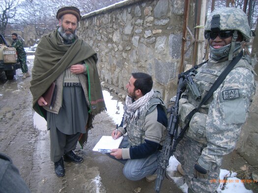 Senior Airman Kristopher Gathright helps provide security during a humanitarian aid drop in Nijrab, Afghanistan.  SrA Gathright is part of the 72nd Security Force Squadron from Tinker Air Force Base, Okla.  The squadron has a small team in Afghanistan that works with the Army to provide security for Civil Affairs efforts.  These efforts provide humanitarian aid and other services for villages in Afghanistan. (Air Force photo) 
