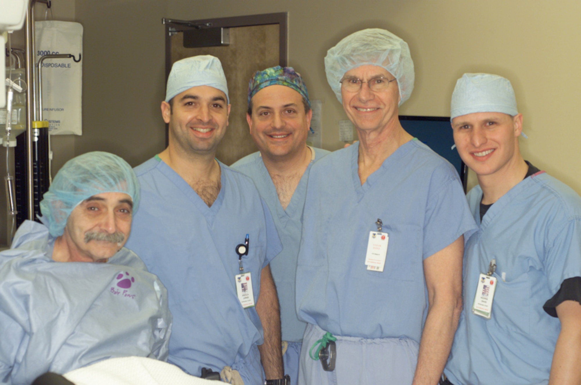 (L-R) Mr. Roger Mahle is shown with the Wright Patterson Medical Center
Prostate Cancer Treatment Team which included Maj. (Dr.) Jorge Azola
(Urology),  Lt. Col. (Dr.) E. Ronald Hale (Chief, Radiation Oncology), Dr.
John C. Blasko, consultant from the Seattle Prostate Institute Washington and Capt. (Dr.) David Hoopes (Radiation Oncology). (U.S. Air Force Photo/Mark Pugel)
