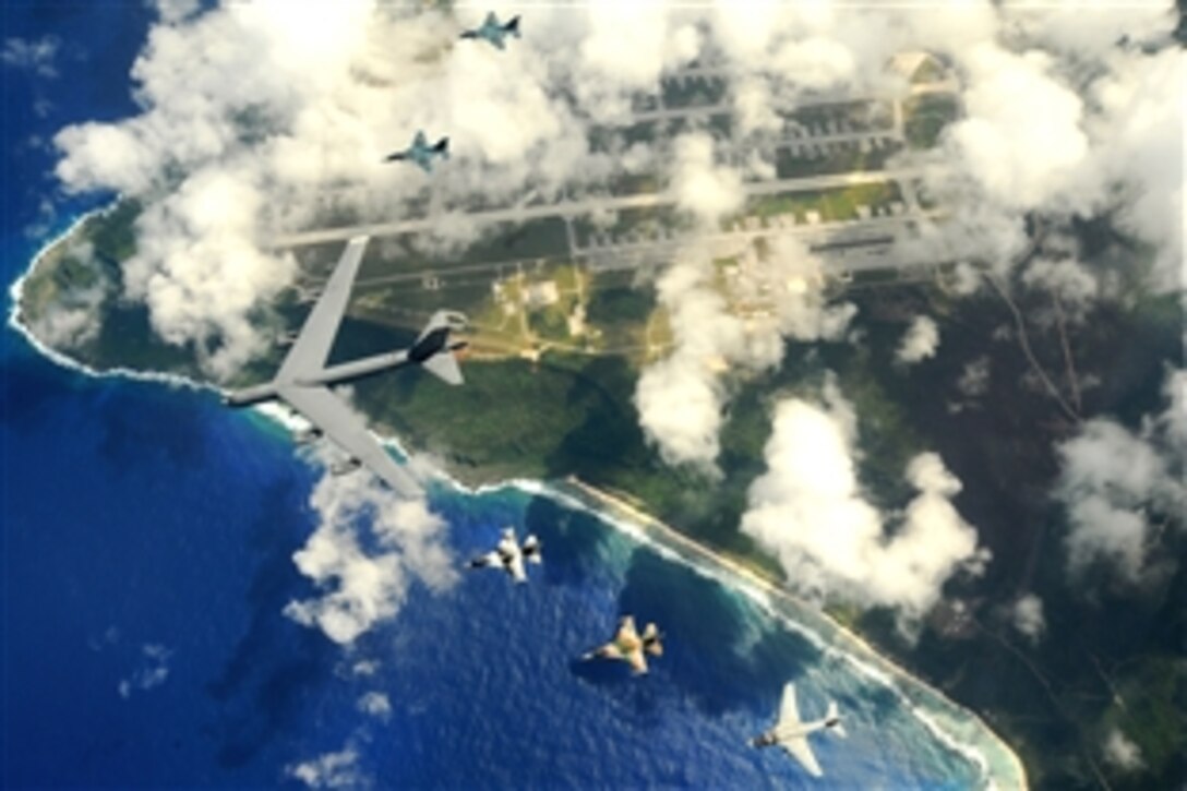 A B-52 Stratofortress leads a formation of Japanese Air Self Defense Force F-2s, U.S. Air Force F-16 Fighting Falcons, and a U.S. Navy EA-6B Prowler over Guam, Feb. 10, 2009. The event is Cope North 09-1, a bilateral exercise to enhance air operations in defense of Japan.