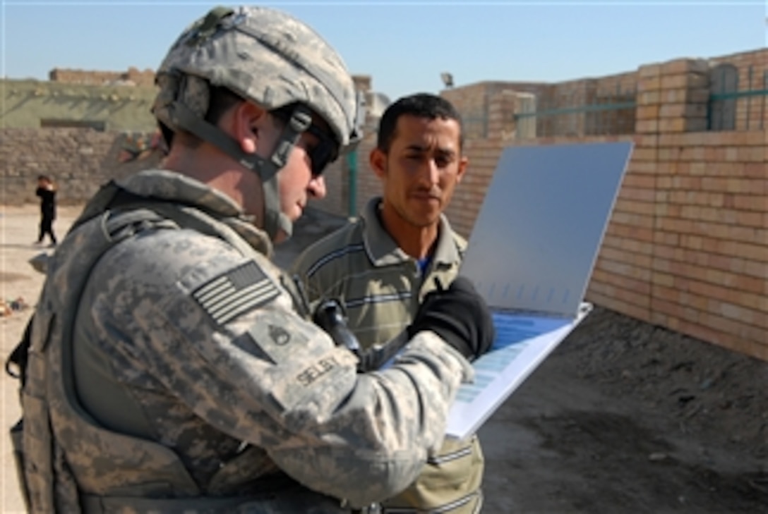 U.S. Army Staff Sgt. David Selby of 2nd Brigade Combat Team, 4th Infantry Division conducts a post-election survey in Iman, Iraq, on Feb. 3, 2009.  