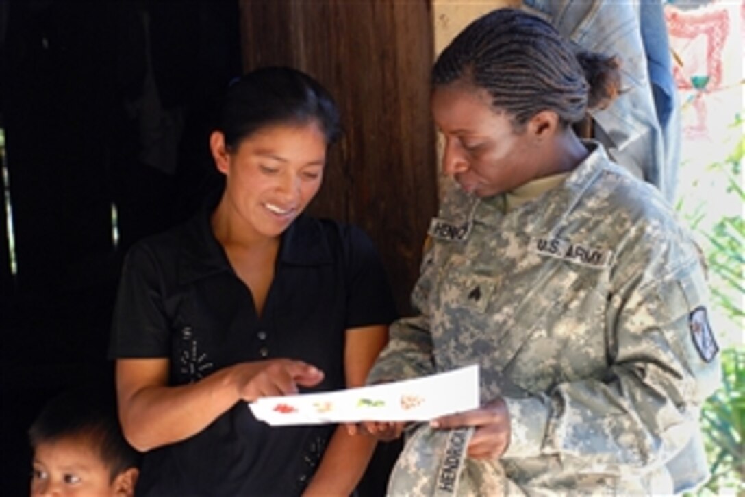 U.S. Army Sgt. Onika Hendricks discusses a variety of locally available foods known to be high in iron and other essential nutrients with a mother living in the remote village of Marcala, Honduras, Feb. 2, 2009. A team of 16 medical workers and dieticians traveled there from the United States to take part in a pediatric nutrition medical readiness training exercise. The team partnered with specialists from the Honduran Ministry of Health and the medical element of Joint Task Force-Bravo.