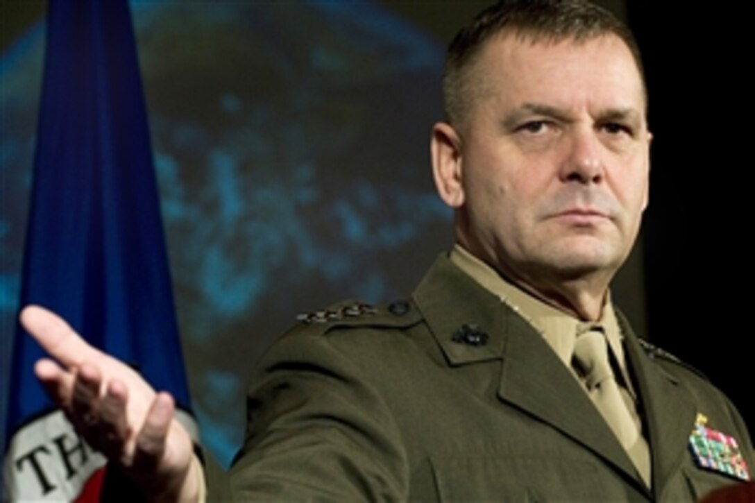 Vice Chairman of the Joint Chiefs of Staff U.S. Marine Gen. James E. Cartwright speaks at the George C. Marshall Institute meeting at the U.S. Chamber of Commerce in Washington, D.C., Feb. 12, 2009. Cartwright addressed space operations challenges facing the U.S.