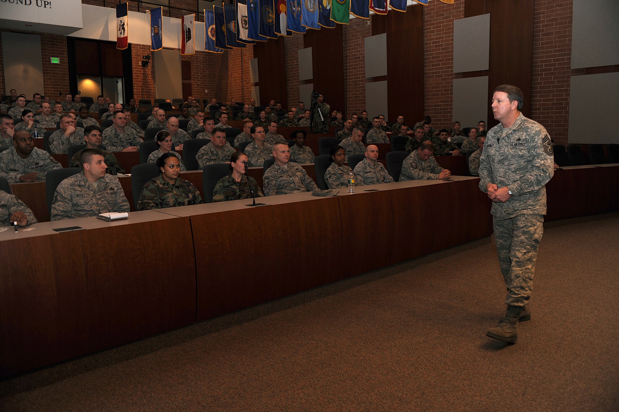 Chief Master Sgt. of the Air Force Rodney McKinley speaks with Airmen assigned to the U.S. Air Force Expeditionary Center on Feb. 10, 2009, at Fort Dix N.J.  Chief McKinley visited McGuire Air Force Base and the U.S. Air Force Expeditionary Center on Fort Dix to learn more about expeditionary training and operations in both areas.  (U.S. Air Force Photo/Staff Sgt. Nathan Bevier)