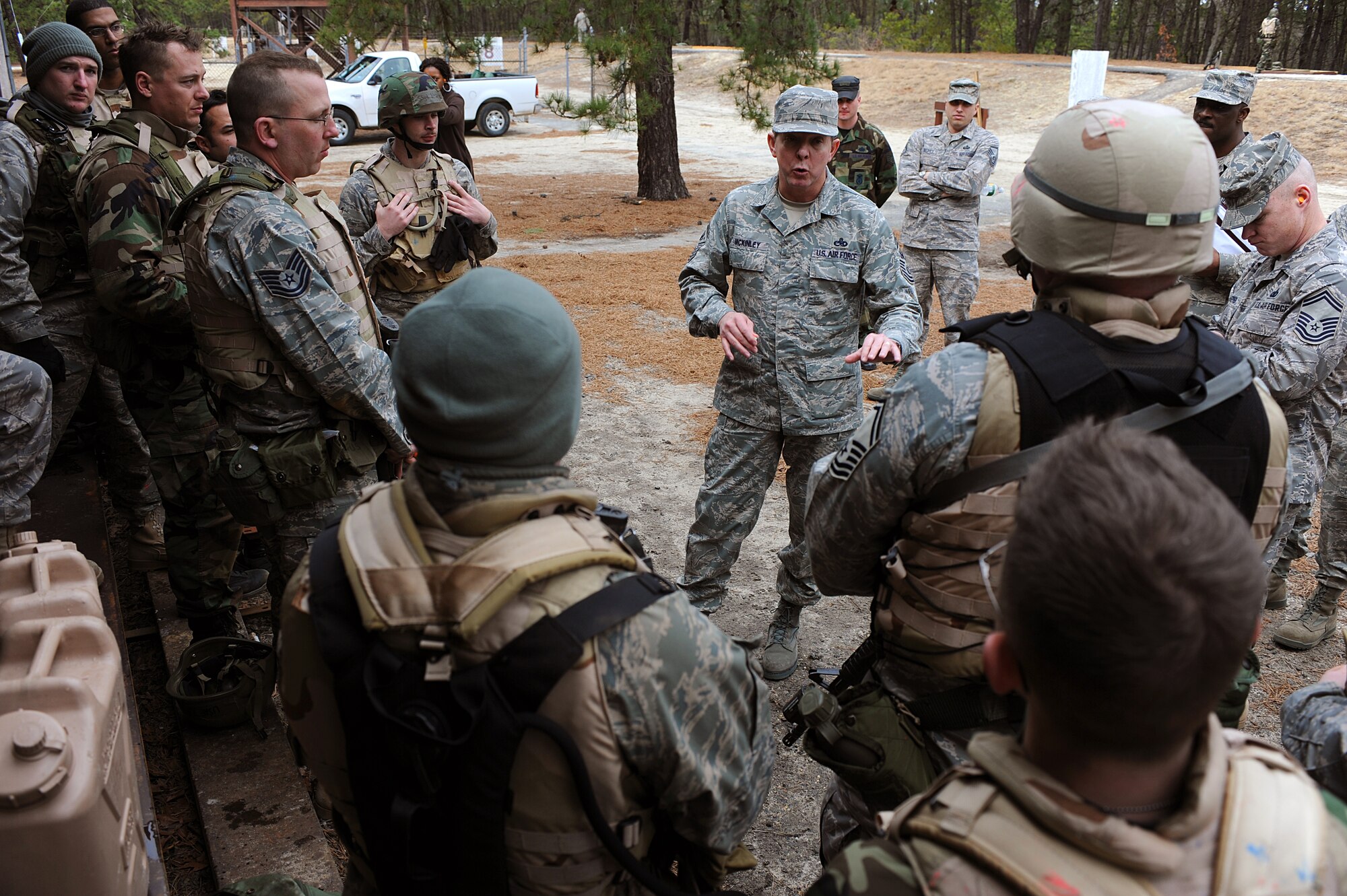 Chief Master Sgt. of the Air Force Rodney McKinley speaks with Airmen in the Advanced Contingency Skills Training Course on Feb. 10, 2009, during a tour of live fire training at a Fort Dix, N.J. range.  Chief McKinley visited McGuire Air Force Base and the U.S. Air Force Expeditionary Center on Fort Dix to learn more about expeditionary training and operations in both areas.  (U.S. Air Force Photo/Staff Sgt. Nathan Bevier)