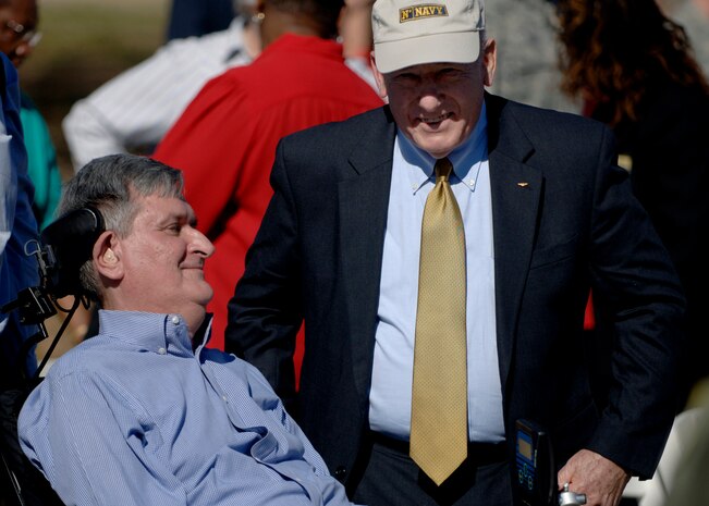 Retired Admiral James Faltley speaks with Retired Brigadier General Tom Mikolajcik during the ground breaking ceremony at the site for the new Brig. Gen. Thomas R. Mikolajcik Child Development Center here Feb 13. The new facility will replace the existing 38-year-old CDC and will accommodate more than 300 children and will be more than two-and-a-half times the present center's current capacity. General Mikolajcik is a former commander of the 437th Airlift Wing. (U.S Air Force photo/Senior Airman Timothy Taylor)