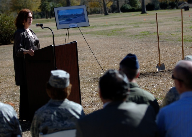 Carmen Mikolajcik speaks at the ground breaking ceremony for the new Brig. Gen. Thomas R. Mikolajcik Child Development Center here Feb 13. The new facility will replace the existing 38-year-old CDC and will accommodate more than 300 children and will be more than two-and-a-half times the present center's current capacity. Mrs. Mikolajcik is the wife of General Mikolajcik, who is a former commander of the 437th Airlift Wing. (U.S Air Force photo/Senior Airman Timothy Taylor)