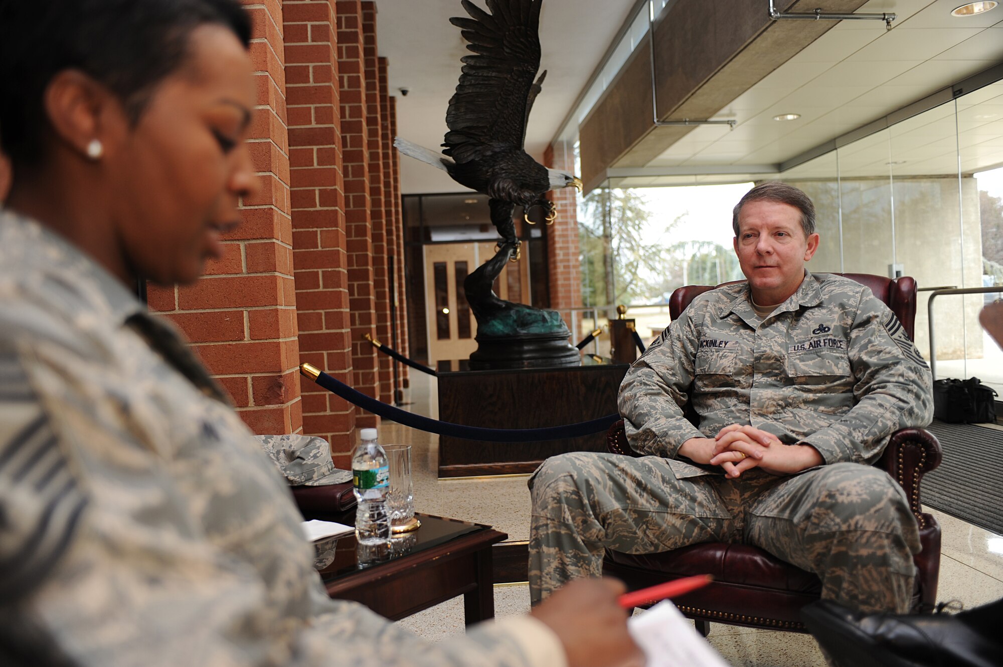 Chief Master Sgt. Paula Paige, U.S. Air Force Expeditionary Center Public Affairs, interviews Chief Master Sgt. of the Air Force Rodney McKinley Feb. 10 during his visit to the U.S. Air Force Expeditionary Center on Fort Dix, N.J.  Chief McKinley visited McGuire Air Force Base and the Expeditionary Center to learn more about expeditionary training and operations in both areas.  (U.S. Air Force Photo/Staff Sgt. Nathan Bevier)