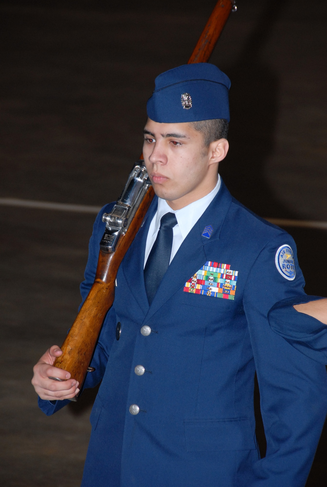 Cadet Meteo Rodriguez of the Wheeler High School JROTC Color Guard from Marietta, Ga., concentrates as his team competes in Saturday’s national drill competition. (Air Force photo by Bud Hancock)