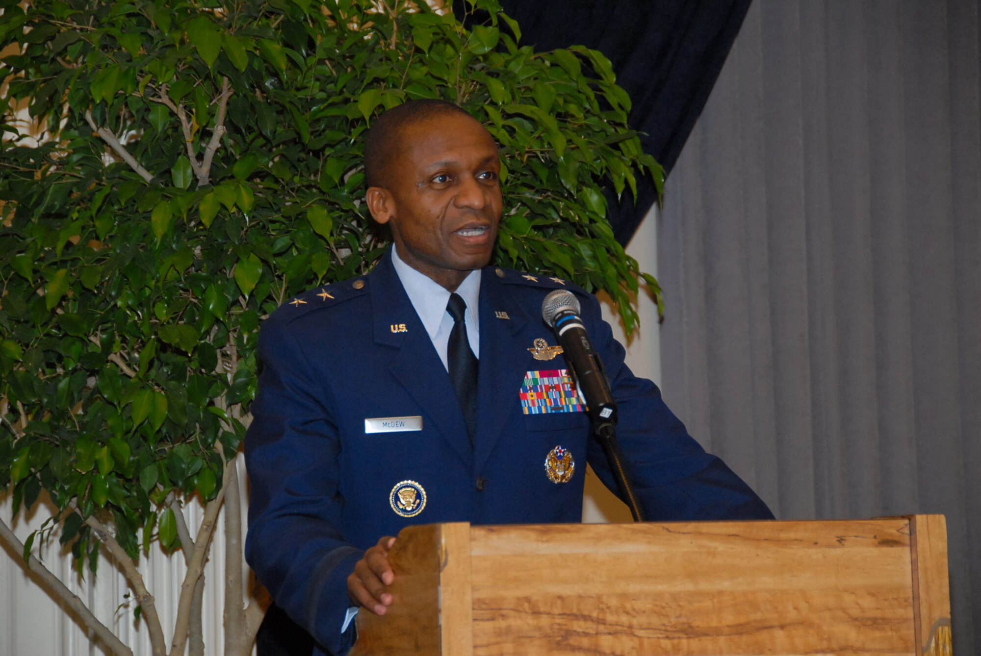 Maj. Gen. Darren W. McDew, director of public affairs for the Secretary of the Air Force, speaks to the audience at the Maxwell Officers’ Club on Feb. 4. As part of the African-American History Month celebration, General McDew related the historic struggles of African-Americans that were “validated by the 39 words” spoken by President Barack Obama while taking the oath of office. (Air Force photo by Jamie Pitcher)