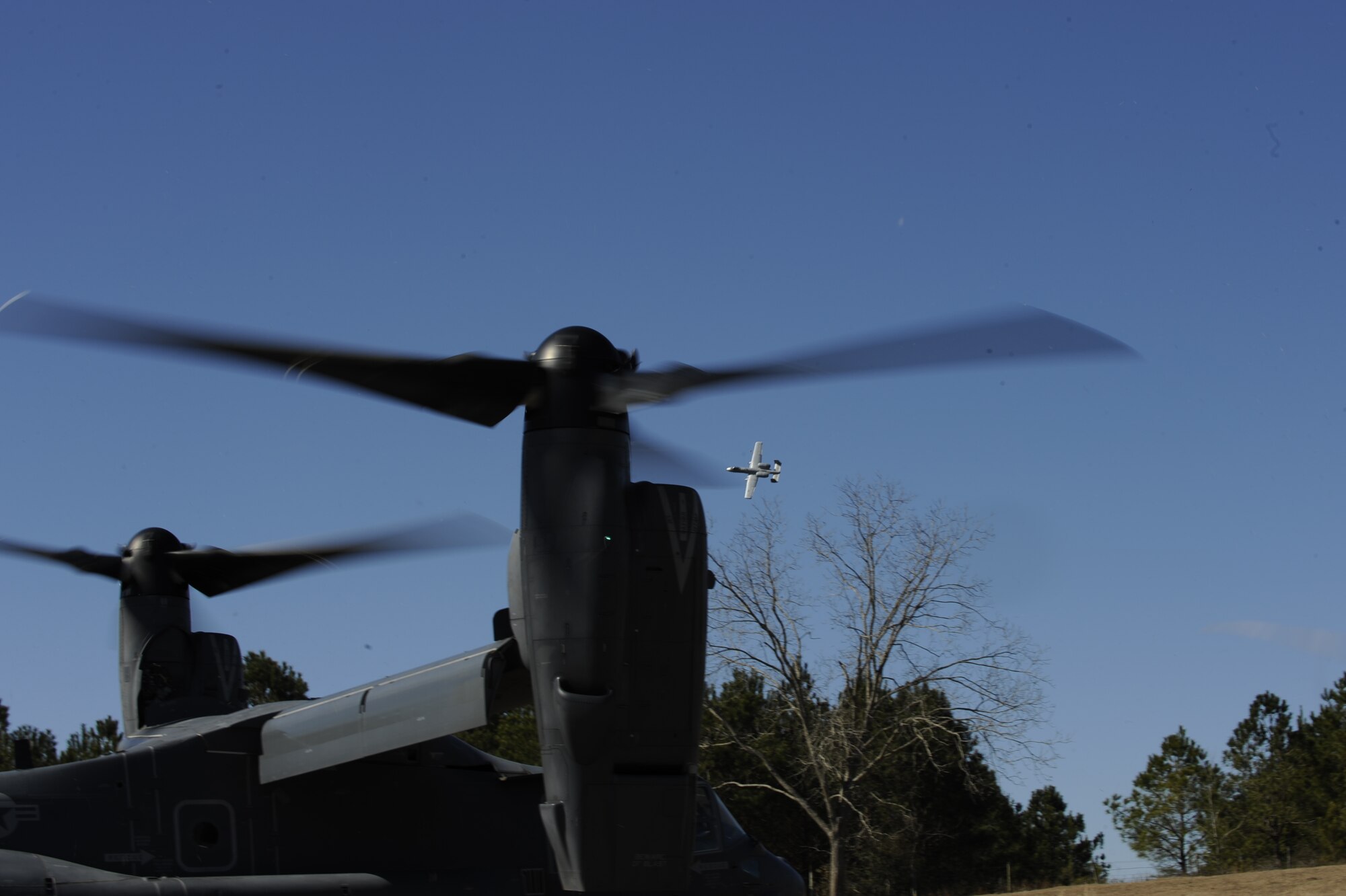 A CV-22 Osprey, a tilt-rotor aircraft assigned to the 8th Special Operations Squadron, prepares to take off as an A-10 Thunderbolt II flies overhead. The two aircraft flew together recently as part of training opportunity at Hurlburt Field, Fla. The 8th SOS is the only operational CV-22 squadron in the Air Force. (U.S. Air Force photo /Senior Airman Julianne Showalter)