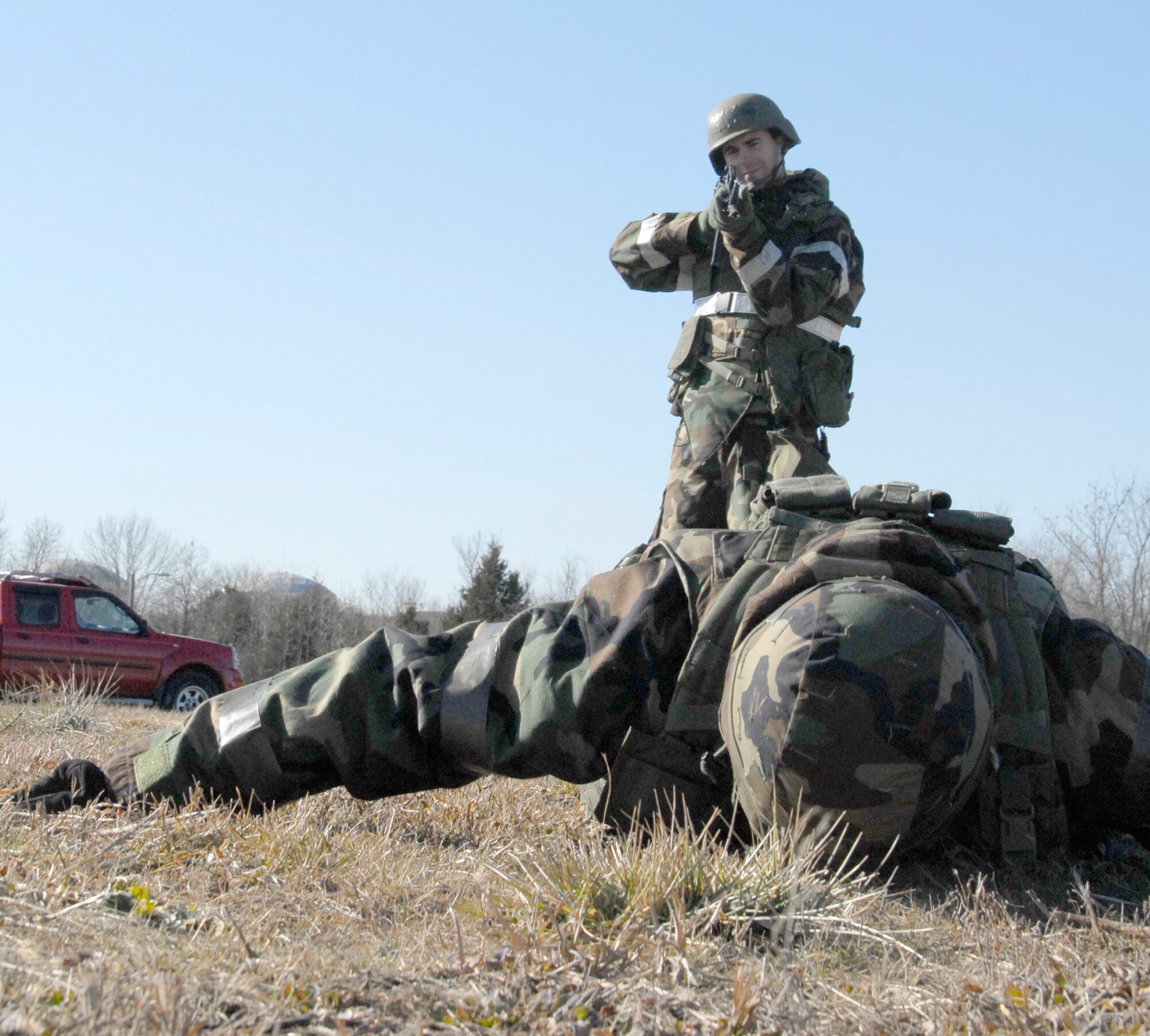 Staff Sgt. Darren Hardt, an Air Force reservist from  the 442nd Civil Engineer Squadron at Whiteman Air Force Base, Mo., carefully approaches a "prisoner" during one of the squadron's exercises to prepare them for an upcoming Operational Readiness Inspection.  The 442nd CES is part of the 442nd Fighter Wing, an Air Force Reserve Command A-10 Thunderbolt II fighter unit. (US Air Force photo/Master Sgt. Bill Huntington)
