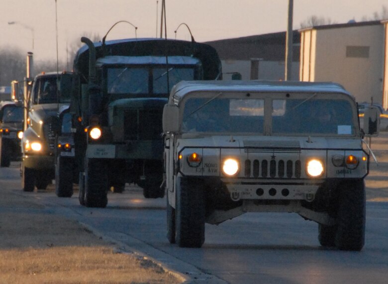 Air Force reservists from the 442nd Civil Engineer Squadron drive tactical vehicles along the streets of Whiteman Air Force Base, Mo., to a training site on base during a local exercise. Part of the training program included convoy operations.
The 442nd CES is part of the 442nd Fighter Wing, an Air Force Reserve Command A-10 Thunderbolt II fighter unit. (US Air Force photo/Staff Sgt. Tom Talbert)
