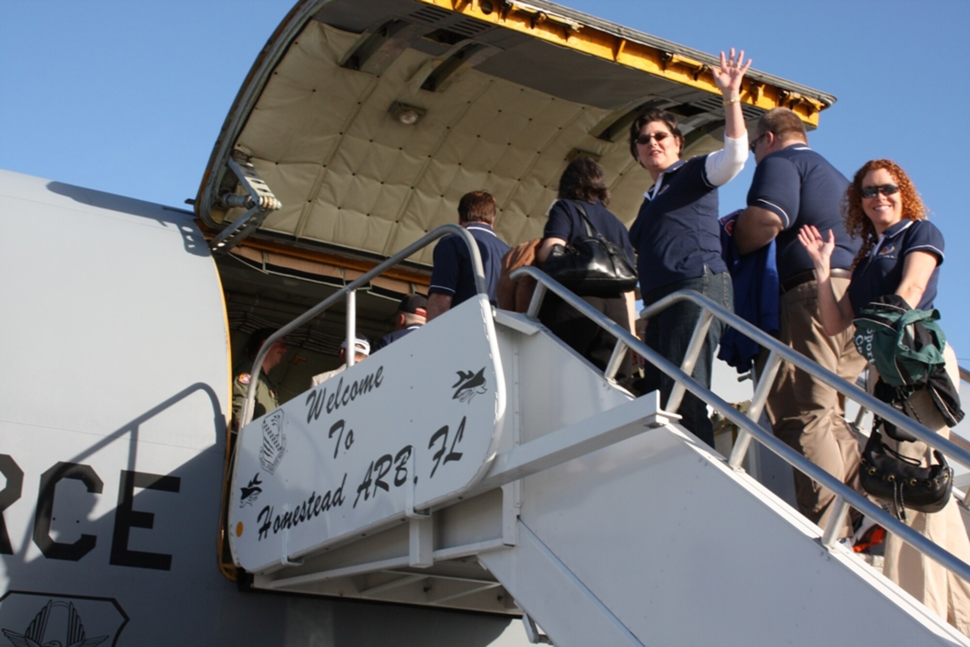 HOMESTEAD AIR RESERVE BASE, Fla. -- Thirty nine influential leaders from the Miami area boarded a KC-135 Stratotanker for a two-day “Civic Leader Flight” to Keesler Air Force Base, Miss., and Lackland AFB, Texas, on Feb. 12. The group witnessed Mako fighter pilots flying up to the KC-135 for an aerial refueling training mission on their way to Mississippi. While at Keesler, the tour will receive tours of the famed Hurricane Hunter aircraft and crews. On Friday, the civic leaders will be flown to Lackland AFB to see a Basic Military Training graduation parade, tour a C-5 Galaxy transport aircraft, and fly back home to Homestead. (U.S. Air Force photo/2nd Lt. Erik Hofmeyer)