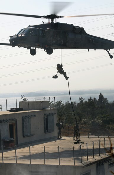 Pararescuemen assigned to the 31st Rescue Squadron at Kadena Air Base, Japan fast rope from an HH-60 Pave Hawk helicopter during exercise Cope Angel 09-1, Feb. 10, 2009. Cope Angel is a joint rescue exercise between members of the U.S. Air Force and the Japanese Air Self Defense Force. (U.S. Air Force photo/Airman 1st Class Chad Warren)
