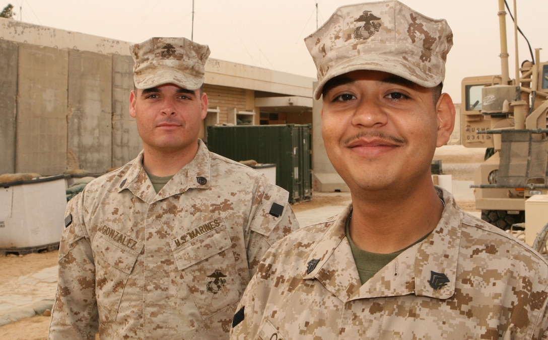 Although Osornio (right), a radio operator with Regimental Combat Team 8’s Communications section, and Gonzalez (left), platoon sergeant with RCT-8’s Personal Security Detail, have different military occupations, Osornio says Gonzalez has been able to give him helpful information to help him become more successful at his job.