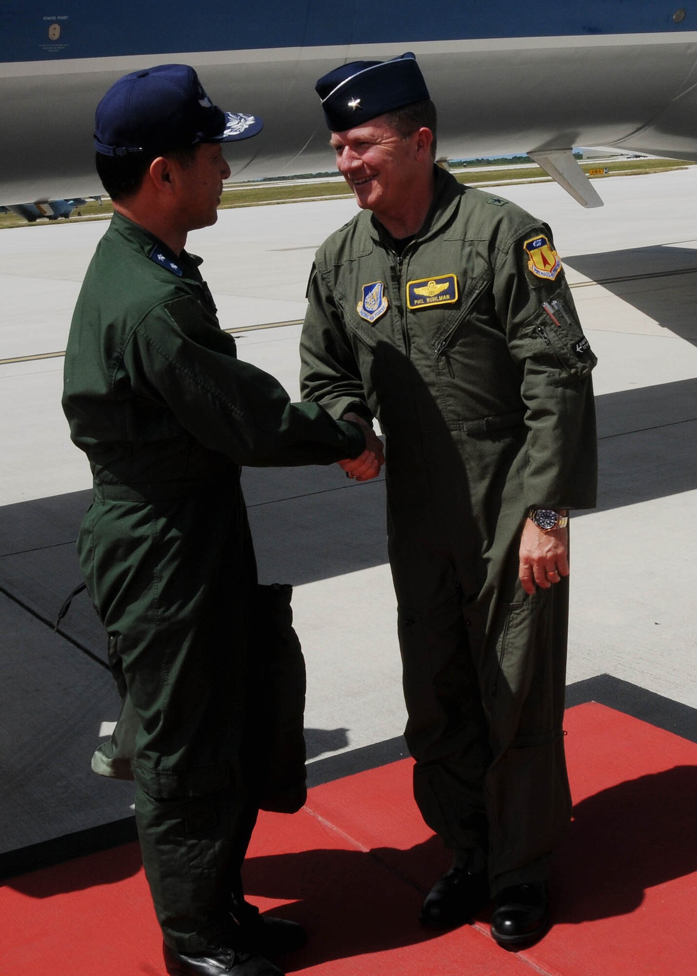 ANDERSEN AIR FORCE BASE, Guam - Brig. Gen. Phil Ruhlman 36th Wing commander, greets Maj. Gen. Hideo Wakabayashi, Japan Air Self Defense Force Command Defense Plans and Operations Chief, who arrived here Feb. 12 for a two-day site visit of Andersen AFB. General Wakabayashi visited the base to learn about the 36th Wing’s mission and to visit with participants of the Cope North exercise that ended Feb. 13. Cope North is an annual bilateral exercise where U.S. and Japanese forces train to improve interoperability. More than 400 U.S. and JASDF members, and more than 20 aircraft, including JASDF F-2's, JASDF E-2C Hawkeyes, U.S. Navy EA-6B Prowlers, U.S. Air Force B-52 Stratofortresses and F-16 Falcons flew in the exercise. (U.S. Air Force photo by Senior Airman Nichelle Griffiths)