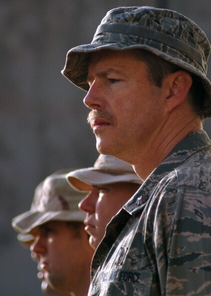 JOINT BASE BALAD, Iraq ? Chaplain (Maj.) Henry Close takes a moment to reflect on the memorial of fallen firefighter, Staff Sgt. Ray Rangel. Feb. 13 marked the four-year anniversary of Rangel?s death. Close gave the opening benediction to the ceremony honoring Rangel. Rangel, a fire emergency services technician, died Feb. 13, 2005, while attempting to save two Soldiers trapped in an overturned humvee in a canal in northern Iraq. (U.S. Air Force photo/Staff Sgt. Dilia Ayala)