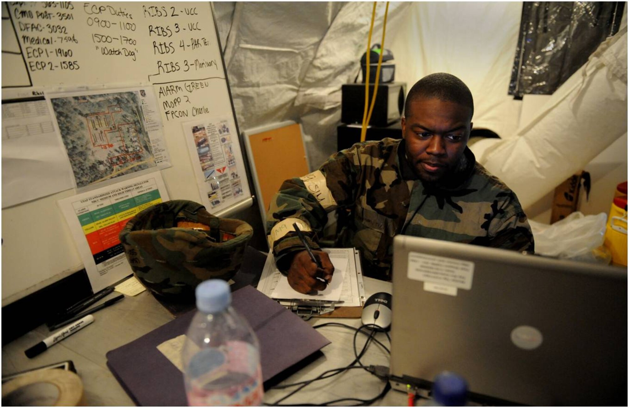 MOODY AIR FORCE BASE, Ga. -- Staff Sgt. Michael Chapman, 23rd Force Support Squadron services and fitness specialist, monitors the Tactical Battle Management Core Systems program during the Phase II Operational Readiness Exercise Feb. 9-13 here.  The TBMCS program provides air commanders with the means to plan, direct and control all theater air operations in support of command objectives.  (U.S. Air Force photo by Gina M. Chiaverotti)
