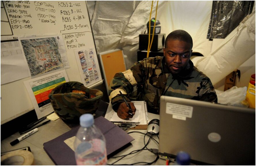 MOODY AIR FORCE BASE, Ga. -- Staff Sgt. Michael Chapman, 23rd Force Support Squadron services and fitness specialist, monitors the Tactical Battle Management Core Systems program during the Phase II Operational Readiness Exercise Feb. 9-13 here.  The TBMCS program provides air commanders with the means to plan, direct and control all theater air operations in support of command objectives.  (U.S. Air Force photo by Gina M. Chiaverotti)
