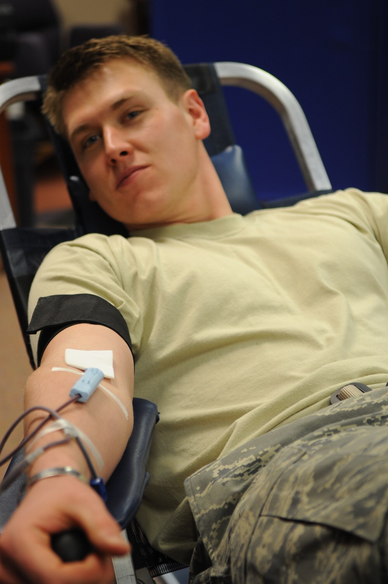 Second Lt. Carl Corvin, 28th Aircraft Maintenance Squadron section commander, donates blood during a blood drive at the Rushmore Center conference room, here, Feb. 13.  According to the American Association of Blood Banks about eight million volunteer donors donate the 14 million pints of blood used in the U.S. each year.  Blood donors can donate as frequently as every 56 days. (U.S. Air Force photo/Senior Airman Anthony Sanchelli)
