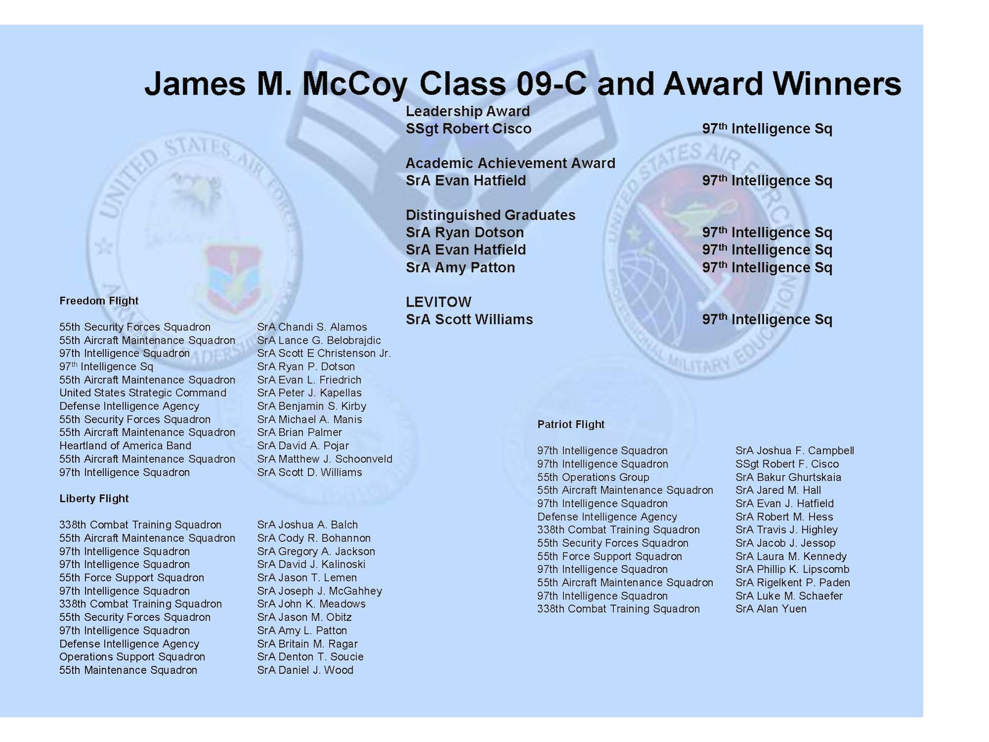 OFFUTT AIR FORCE BASE, Neb. -- The 55th Wing would like to congratulate Class 09-C who graduated from the James M. McCoy Airman Leadership School in a ceremony Feb. 12. Airman Leadership School is designed to prepare Airman for the transition to the ranks of non-commissioned officer. Below are the names of award winners and graduates. 
