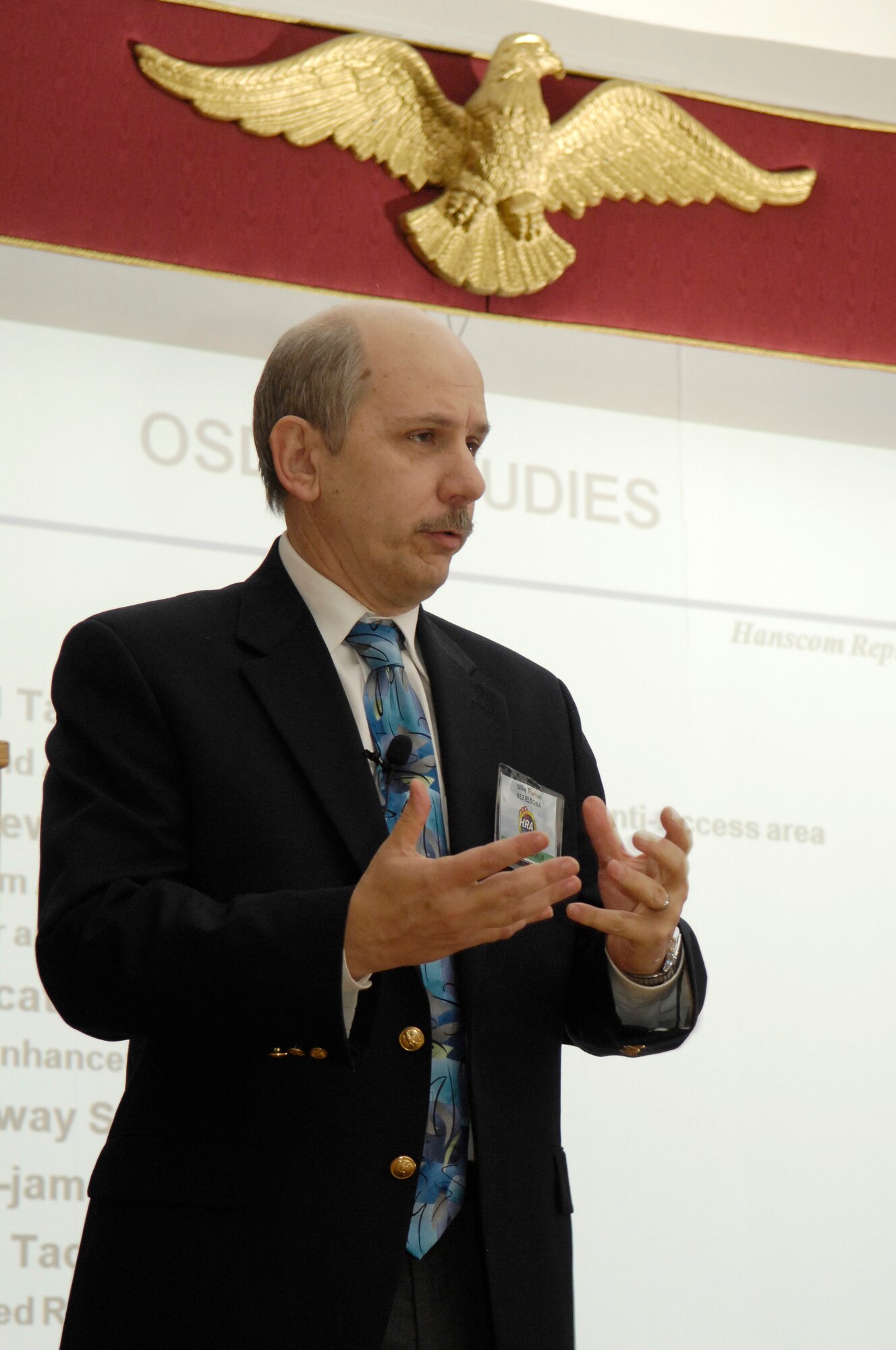 Mike Therrien, chief of the Airborne Networking division with the 653rd Electronic Systems Group, addresses the Hanscom Representatives Association Feb. 12 at the Hanscom Minuteman Club.  Mr. Therrien discussed airborne networking plans and challenges and then fielded questions from members.  (USAF photo by Mark Wyatt)