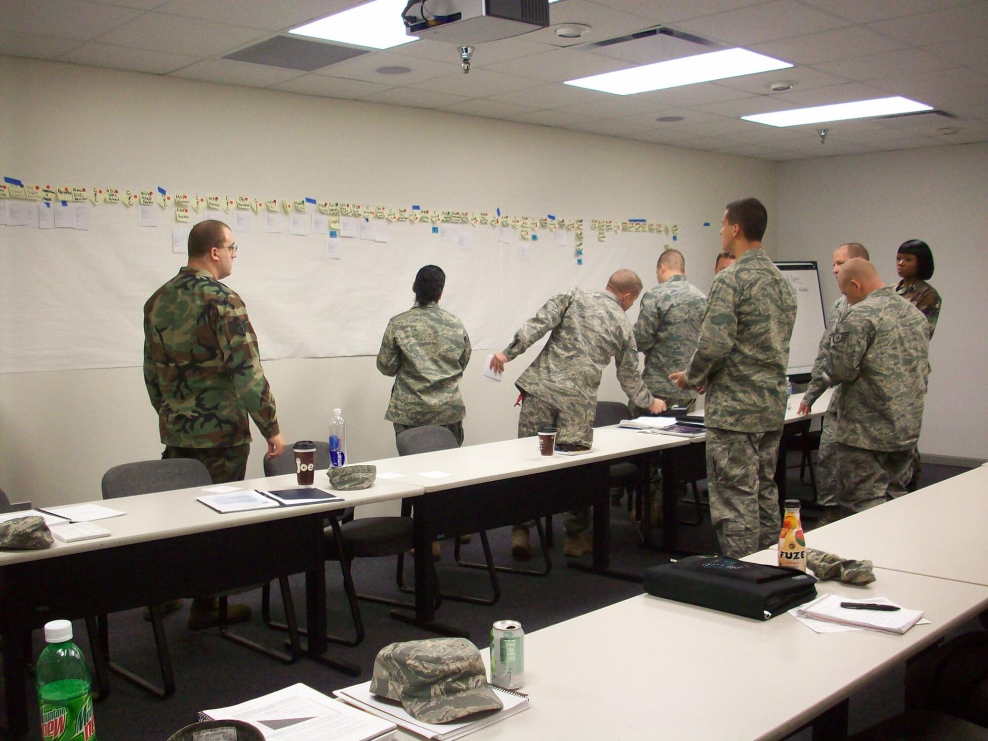 SHAW AIR FORCE BASE, S.C. -- Shaw Airmen review a process map to correct scheduling during a maintenance value stream analysis Nov 12. VSAs are part of Air Force Smart Operations of the 21st century to improve overall mission capability. (U.S. Air Force photo/ Master Sgt. Nicolas Iorga)