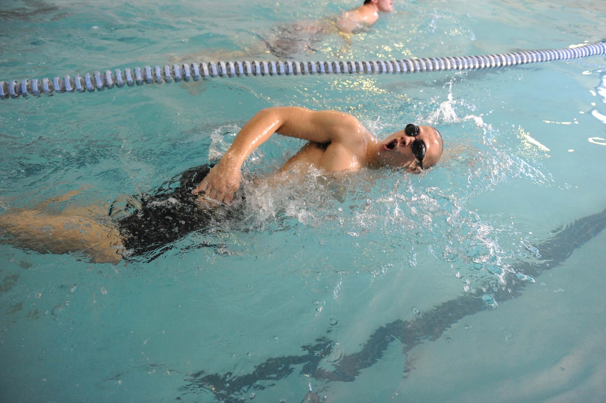 SHAW AIR FORCE BASE, S.C. -- Joshua Atwood completes the swimming portion of a physical assessment and stamina test (PAST) for U.S. Air Force special tactics Feb. 13. Recruits in the delayed entry program must complete the PAST to qualify for special tactics, (U.S. Air Force photo/Senior Airman Matthew Davis)