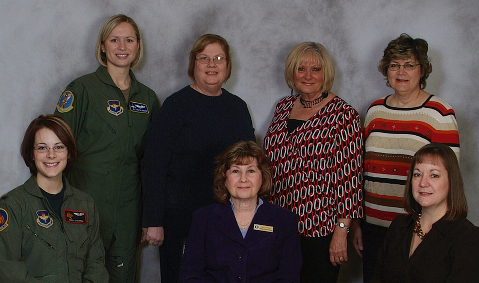 Currently working as victim advocates at Vance are, seated from left, 1st Lt. Jessa Charron, Terri Presa, Jamie Crowell, standing from left, Capt. Tara Erlandson, Mary Loveless, Linda Franklin and Melva Glaser. Not pictured is 2nd Lt. Katie Suhrhoff. (U.S. Air Force photo by Angie Roche)