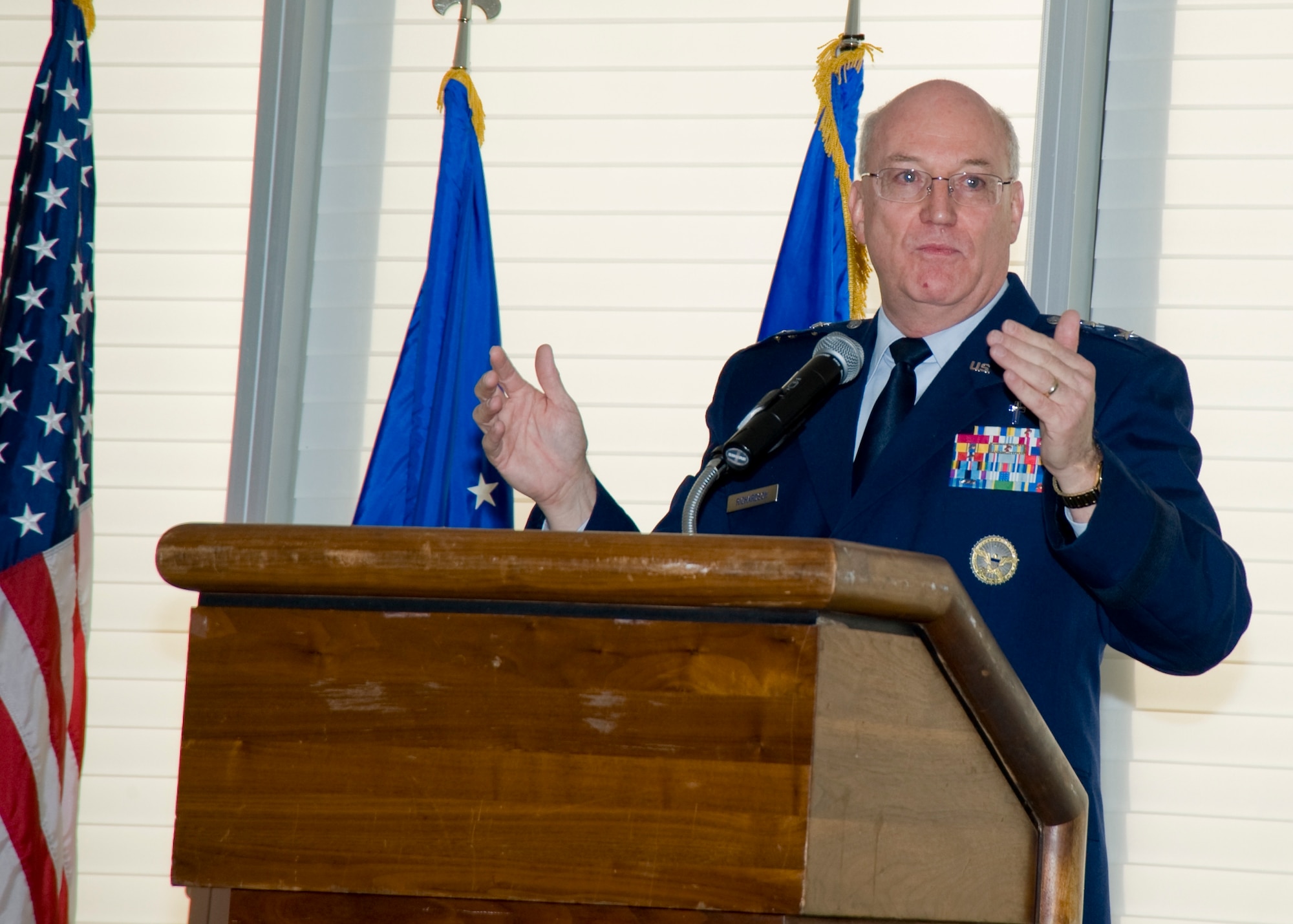 Chaplain (Maj. Gen.) Cecil Richardson shares stories of faith and life at Team Eglin's National Prayer Breakfast Feb. 12. The purpose of the annual event follows that of the American tradition - to bring together the leadership of the U.S. and affirm the moral and spiritual values upon which the nation is founded. (U.S. Air Force photo/Debi Haussermann)