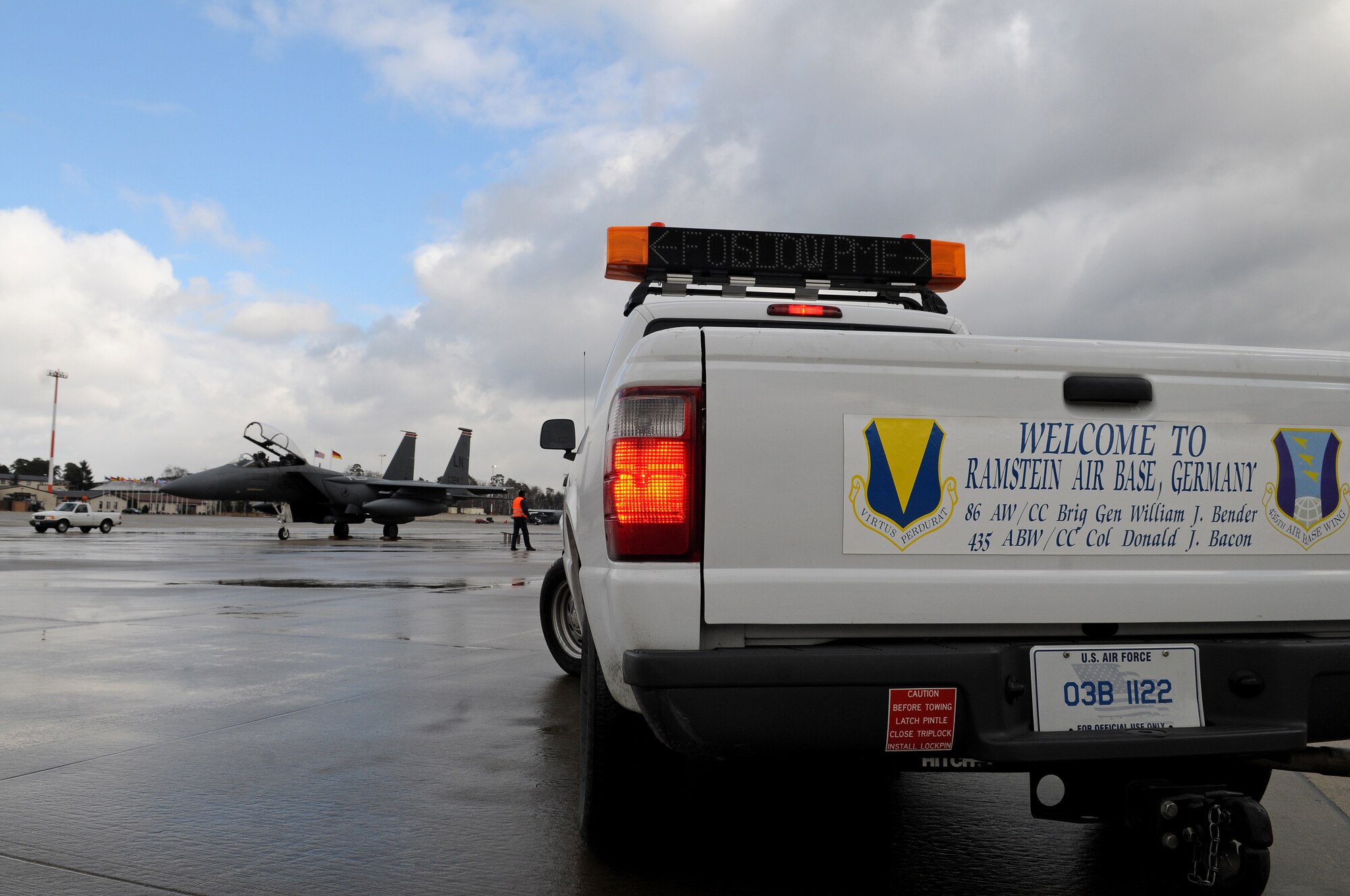 An F-15E Strike Eagle sits on the Ramstein Air Base flightline waiting to be de-iced before departure Feb. 12, 2009. The F-15 was being prepared to head back to its home base at Royal Air Force Lakenheath, England. (U.S. Air Force photo by Airman 1st Class Grovert Fuentes-Contreras)