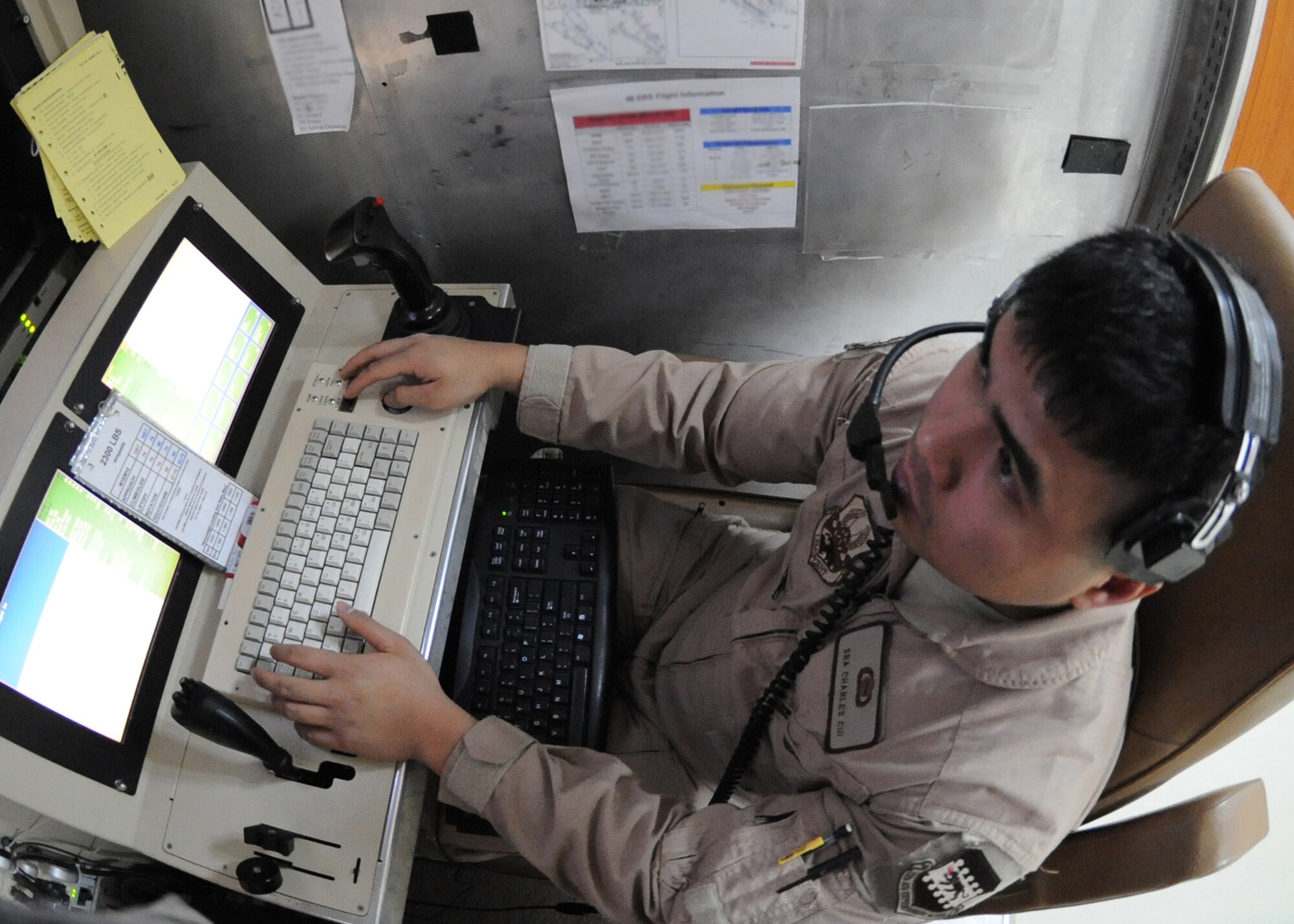 Senior Airman Charles Cui, a 46th Expeditionary Reconnaissance and Attack Squadron sensor operator at Joint Base Balad, Iraq, assists with the flight of an unmanned MQ-1 Predator Feb. 13. The Predator system is made up of the ground-control system, a satellite link, personnel and the aircraft. Airman Cui is deployed from Creech Air Force Base, Nev.  (U.S. Air Force photo/Senior Airman Tiffany Trojca)