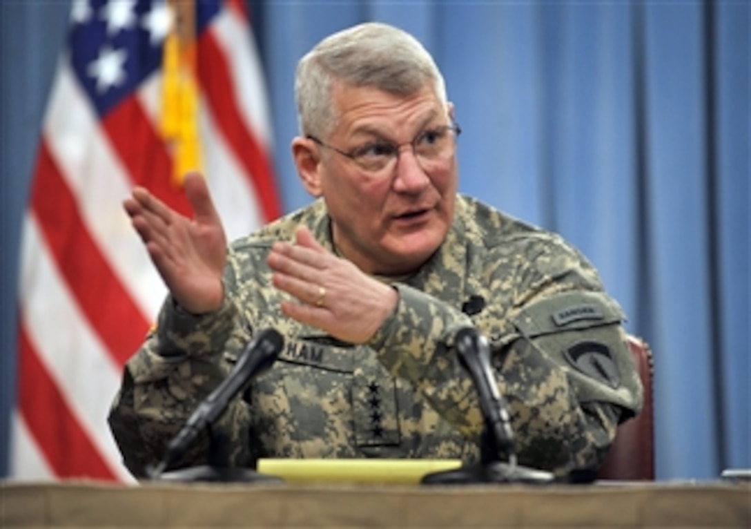 Commanding General U.S. Army Europe Gen. Carter F. Ham discusses the transformation of U.S. Army Europe and the future of the Army in Europe during a press conference in the Pentagon on Feb. 17, 2009.  