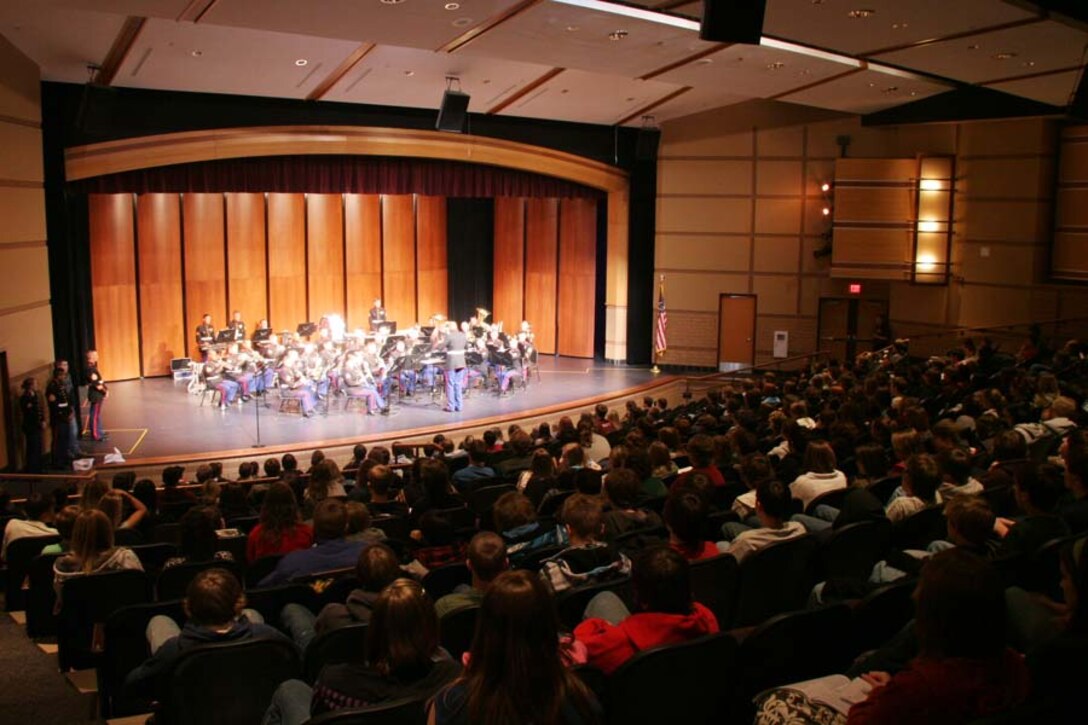 Members of the Ceremonial Band, Marine Band San Diego, perform in front of a packed auditorium at Prior Lake High School. The visit was part of the band’s annual tour.
