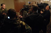 MINOT AIR FORCE BASE, N.D. -- Navy Adm. Michael G. Mullen, chairman of the Joint Chiefs of Staff, addresses local and national media during an interview at the Jimmy Doolittle Center, here Feb. 18. During his visit, Admiral Mullen talked with Airmen about the importance of family support, concerns over the economic crisis and Minot AFB’s role in nuclear deterrence as the Air Force’s only dual-wing, nuclear-capable base. Admiral Mullen is the first CJCS to visit the base in more than 20 years. (U.S. Air Force photo by Senior Airman Kelly Timney)