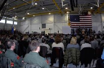 MINOT AIR FORCE BASE, N.D. -- Navy Adm. Michael G. Mullen, chairman of the Joint Chiefs of Staff, addresses more than 1000 Airmen during an all-call at Dock 1 here Feb. 18. During the event, Admiral Mullen talked with Airmen about the importance of family support, concerns over the economic crisis and Minot AFB’s role in nuclear deterrence as the Air Force’s only dual-wing, nuclear-capable base. Admiral Mullen is the first CJCS to visit the base in more than 20 years. (U.S. Air Force photo by Airman 1st Class Jesse Lopez)